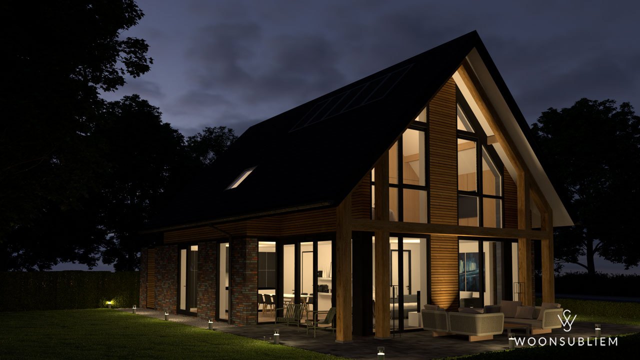 Schuurwoning in Weert #254 1 schuurwoning houten constructie terras avond